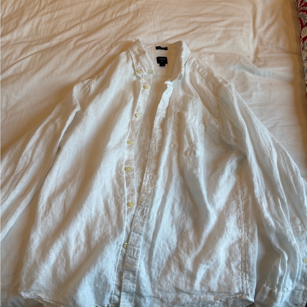 J Crew Linen White Button-Up Shirt Size M